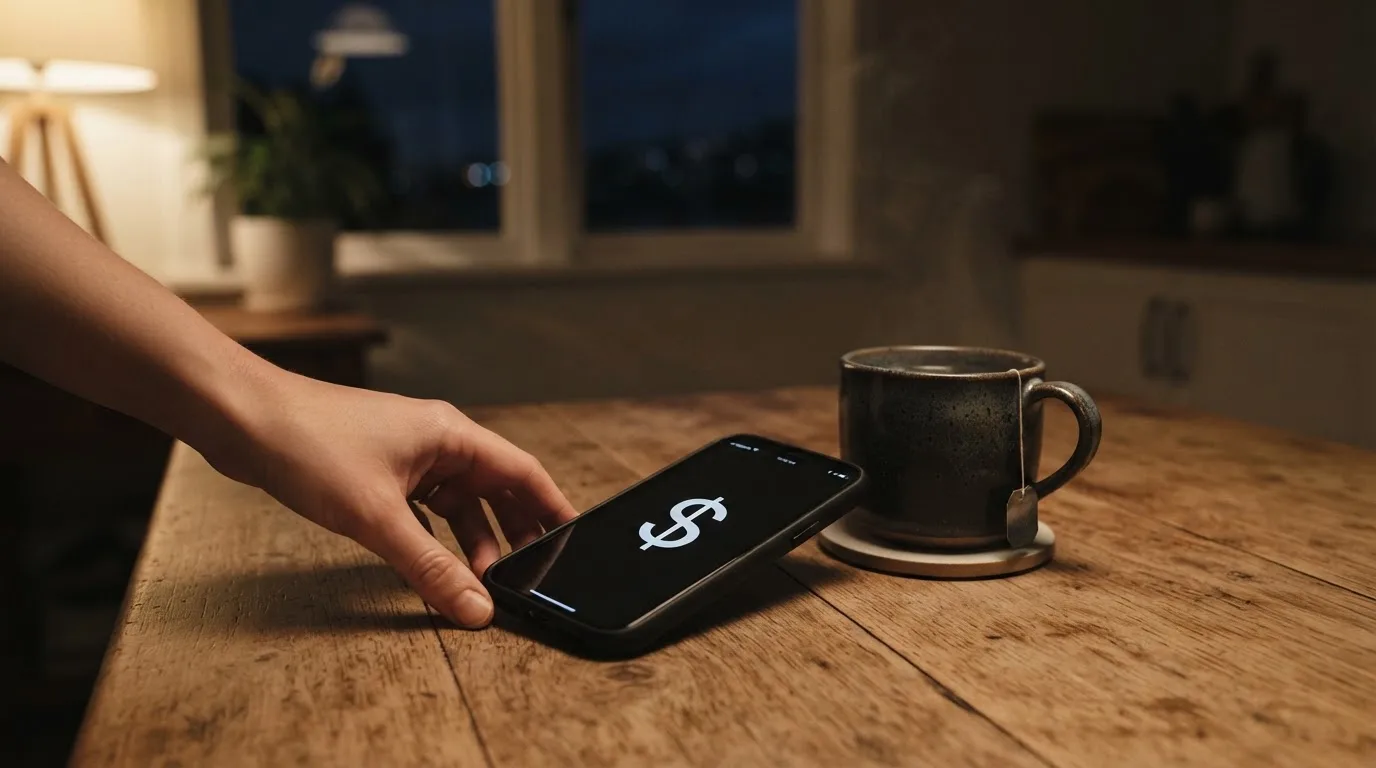 A hand setting a smartphone down beside a cup of tea on a kitchen table on a quiet evening