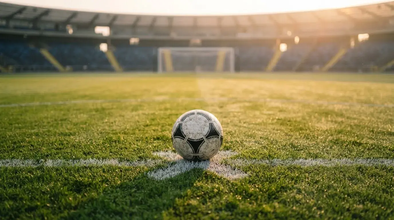 A ball on the centre spot of a grass pitch in morning light
